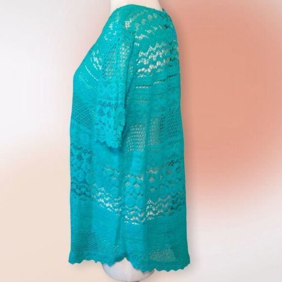 COLDWATER Creek Turquoise Lace Open Weave Swimsuit Cover Tunic L 14 - Picture 4 of 10